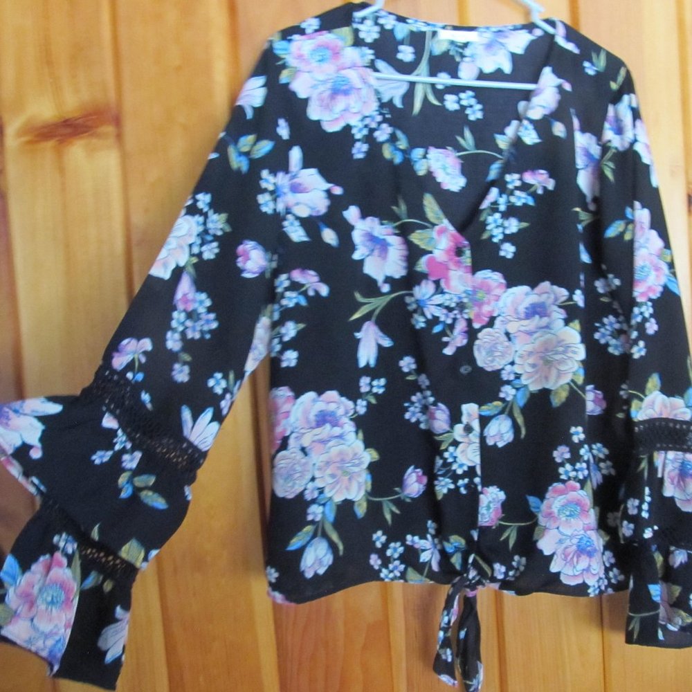 Black & Pink Floral Blouse Angel Long Sleeves Vintage Blouse 90s Maurices Sz XL